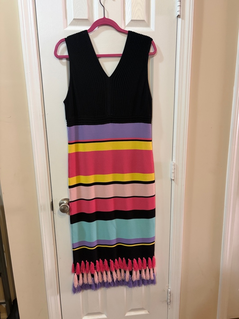Multicolor Striped Fringe Knit Midi Dress - Black & Pink